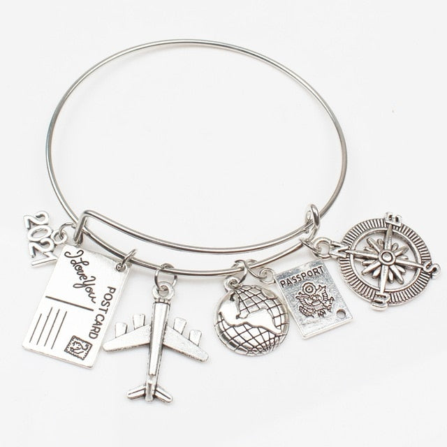 2019 2020 2021 2022 Earth Plane Postcard Alloy Bracelet Compass Pendant Travel Bracelet Best Friend Jewelry Gift Handmade DIY