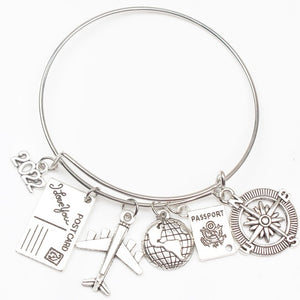 2019 2020 2021 2022 Earth Plane Postcard Alloy Bracelet Compass Pendant Travel Bracelet Best Friend Jewelry Gift Handmade DIY