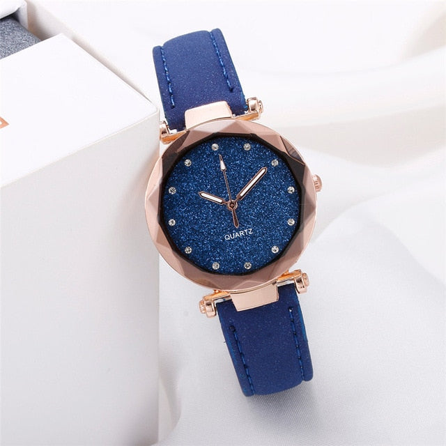 Dropshipping Women Romantic Starry Sky Wrist Watch Leather Rhinestone Designer Ladies Clock Simple Dress Gfit Montre Femme D30