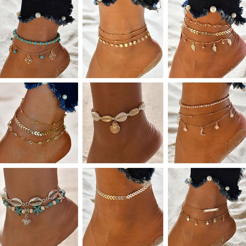 Gold Metal Shell Coconut Tree Female Anklets Barefoot Sandals Foot Summer Double Layers Anklets On Foot Ankle Bracelets