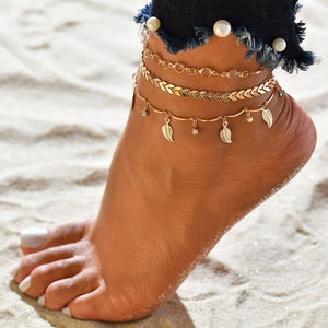 Gold Metal Shell Coconut Tree Female Anklets Barefoot Sandals Foot Summer Double Layers Anklets On Foot Ankle Bracelets