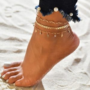 Gold Metal Shell Coconut Tree Female Anklets Barefoot Sandals Foot Summer Double Layers Anklets On Foot Ankle Bracelets