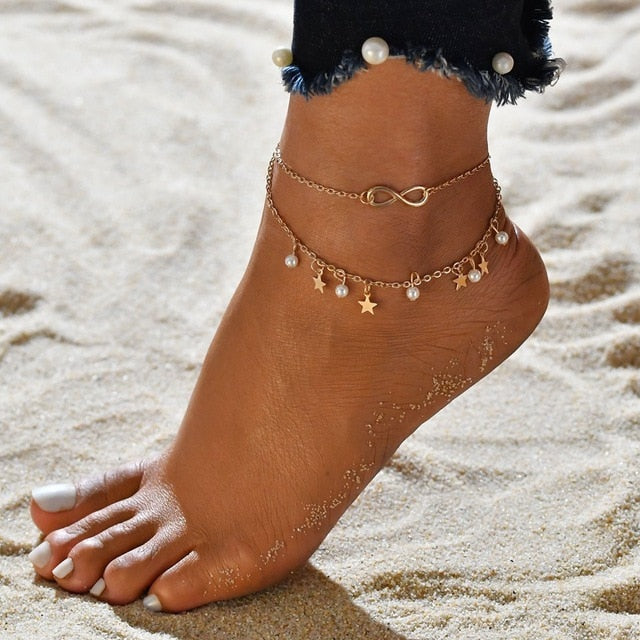 Gold Metal Shell Coconut Tree Female Anklets Barefoot Sandals Foot Summer Double Layers Anklets On Foot Ankle Bracelets