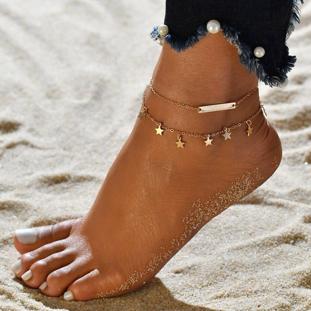 Gold Metal Shell Coconut Tree Female Anklets Barefoot Sandals Foot Summer Double Layers Anklets On Foot Ankle Bracelets