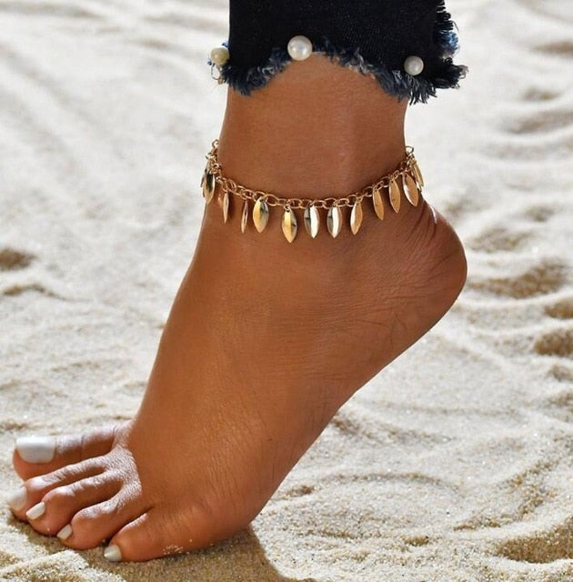 Gold Metal Shell Coconut Tree Female Anklets Barefoot Sandals Foot Summer Double Layers Anklets On Foot Ankle Bracelets