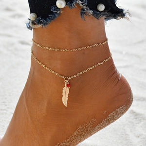 Gold Metal Shell Coconut Tree Female Anklets Barefoot Sandals Foot Summer Double Layers Anklets On Foot Ankle Bracelets