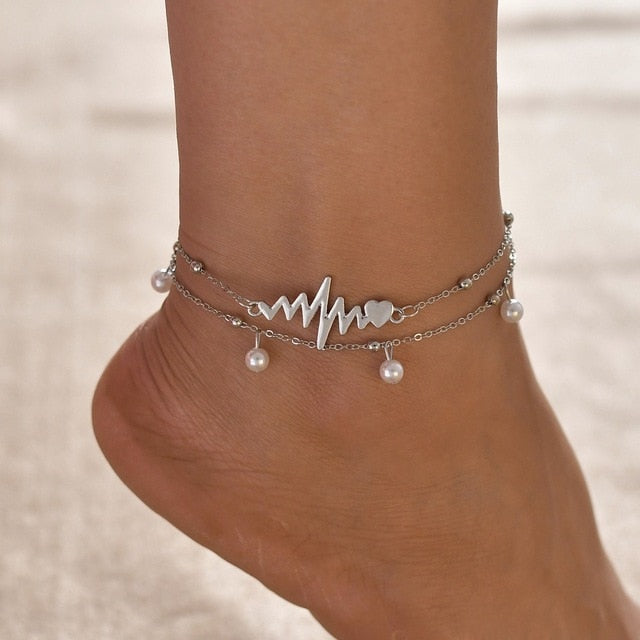 Gold Metal Shell Coconut Tree Female Anklets Barefoot Sandals Foot Summer Double Layers Anklets On Foot Ankle Bracelets