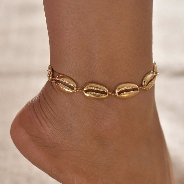 Gold Metal Shell Coconut Tree Female Anklets Barefoot Sandals Foot Summer Double Layers Anklets On Foot Ankle Bracelets