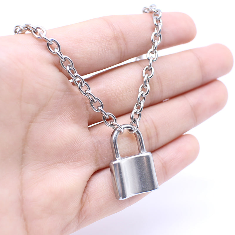 Stainless Steel Silver Color PadLock Pendant Necklaces Brand New link Chain lock Necklaces collar ras du cou collier femme women