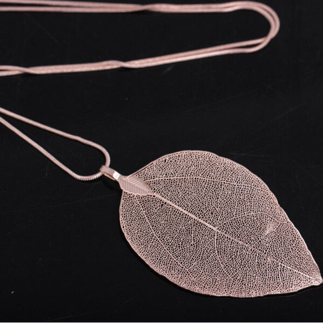 Fashion Jewelry Maxi Necklace Rose Gold Color Chain Real Leaf Charm Design Pendant Necklaces & Pendants Women collier femme Gift