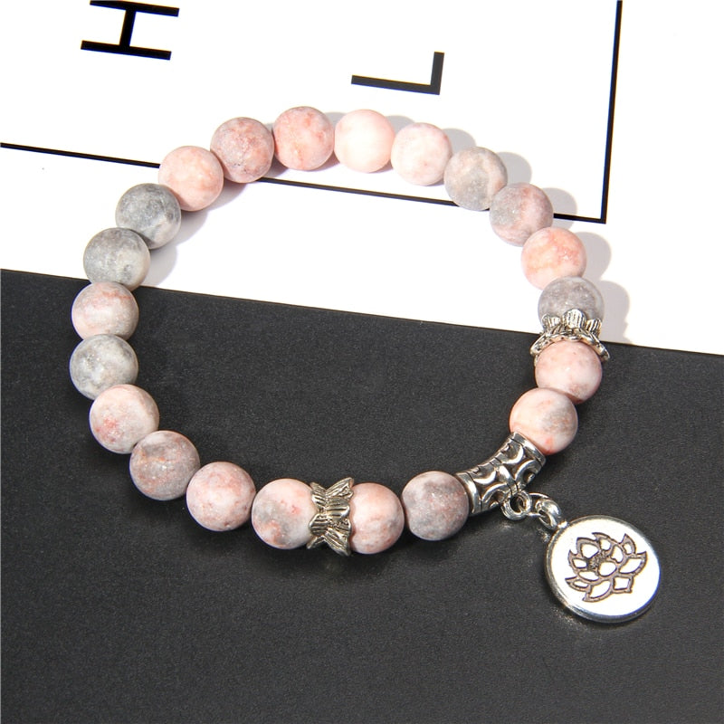 Handmade Natural Stone Lotus Ohm Buddha Beads Bracelet Pink Zebra Stone Lotus Charm Bracelet for Women Men Yoga  Jewelry Femme