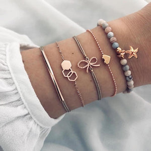 6 pcs/set Love Heart Infinity Symbol Charm Bracelets for Woman Gold Link Chain Bracelets Hollow Feather Black Beads Braclet Girl