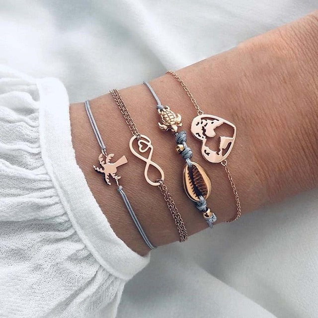 6 pcs/set Love Heart Infinity Symbol Charm Bracelets for Woman Gold Link Chain Bracelets Hollow Feather Black Beads Braclet Girl