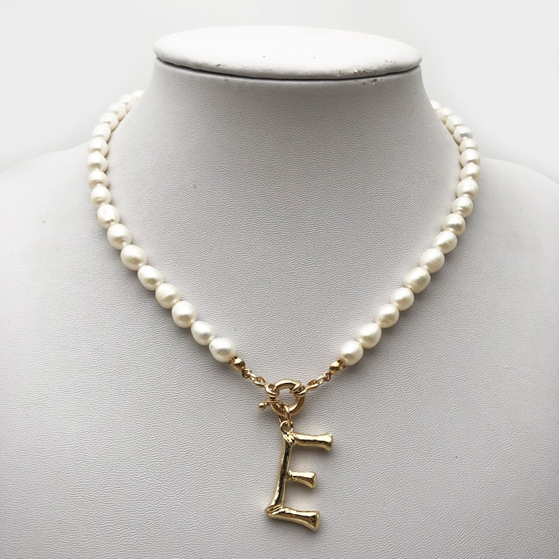 Genuine Pearl 26 Letters Choker A-z Customized English Letter Pendant Necklace Gold Color English Necklace Beaded Pearl Jewelry