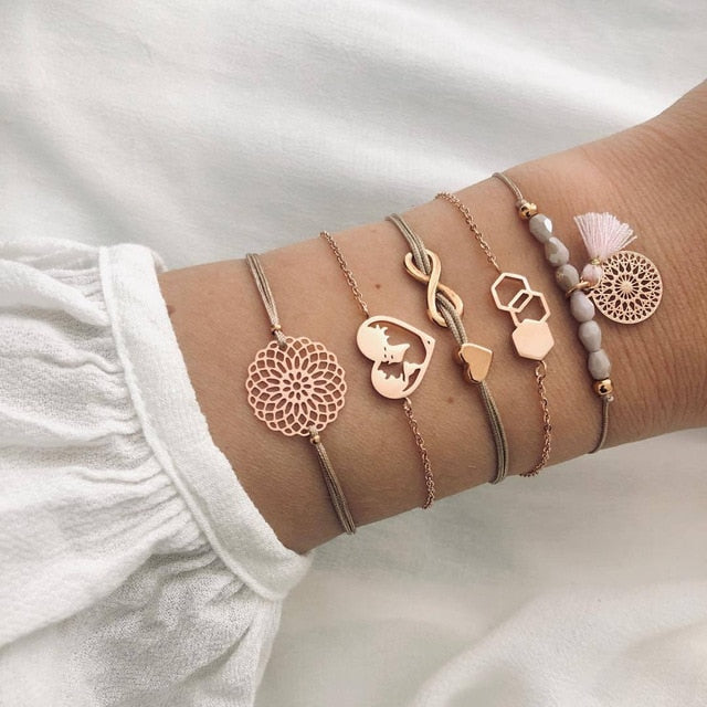 Boho Rose Map Bracelets & Bangles for Women Bohemian Round Beaded Charm Bracelet Set Fashion Multilayer Accessories 2019 Bijoux