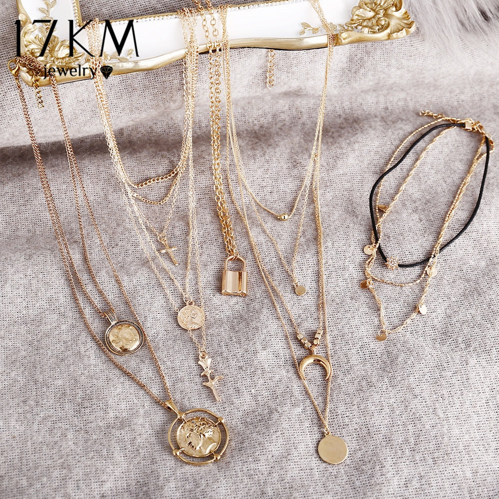 17KM Vintage Gold Round Necklaces Coin Necklaces For Women Girl Long Coin Pendant & Necklace 2019 Female Fashion Jewelry Gift