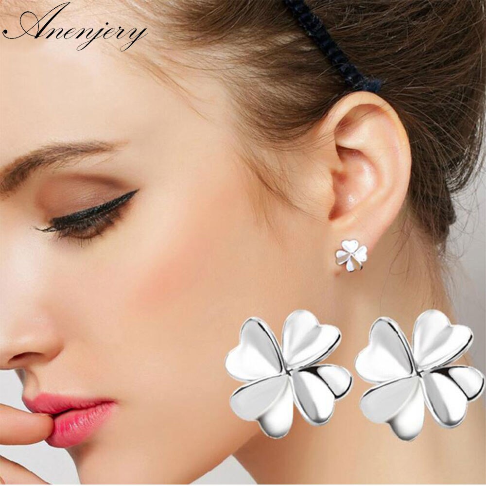 Anenjery 925 Sterling Silver Good Luck Clover Stud Earrings For Women Gift pendientes oorbellen boucle d'oreille S-E10