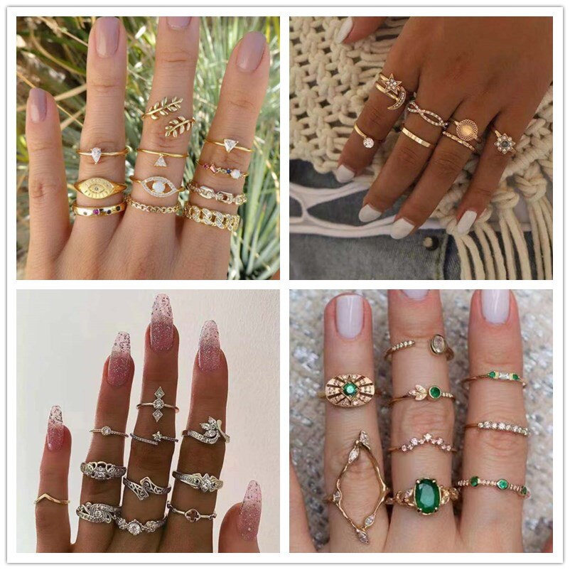 Vintage Gold Star Moon Rings Set for Women BOHO Charm Knuckle Finger Ring Female Crown Party Fashion Jewelry Wedding Ring Set