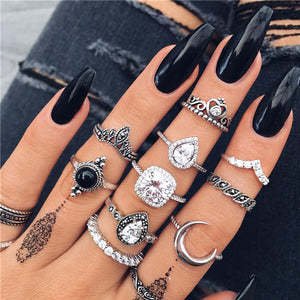 15 Pcs/set Women Fashion Rings Hearts Fatima Hands Virgin Mary Cross Leaf Hollow Geometric Crystal Ring Set Wedding Jewelry