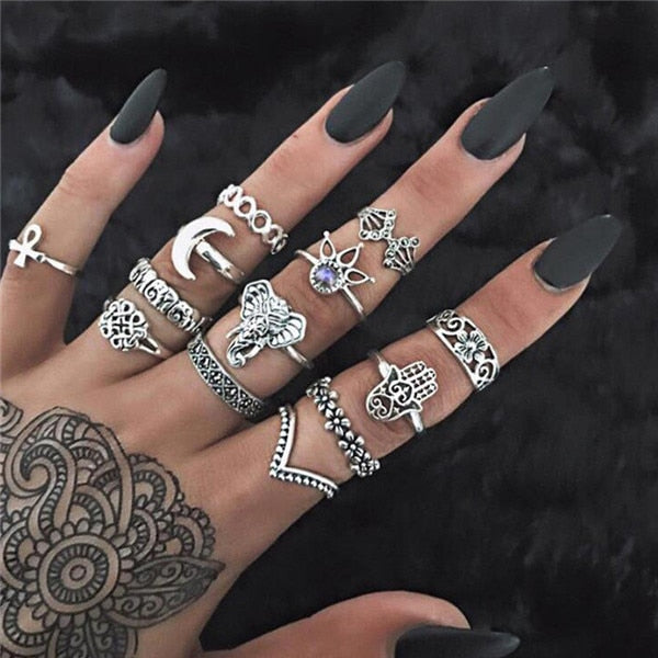 15 Pcs/set Women Fashion Rings Hearts Fatima Hands Virgin Mary Cross Leaf Hollow Geometric Crystal Ring Set Wedding Jewelry