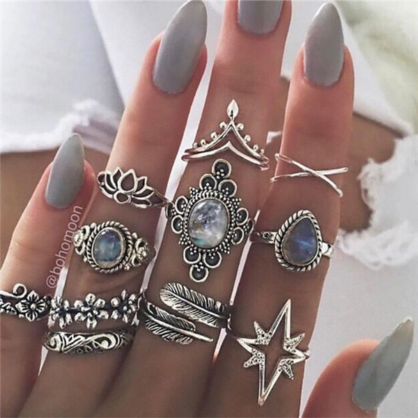 15 Pcs/set Women Fashion Rings Hearts Fatima Hands Virgin Mary Cross Leaf Hollow Geometric Crystal Ring Set Wedding Jewelry