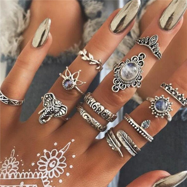 15 Pcs/set Women Fashion Rings Hearts Fatima Hands Virgin Mary Cross Leaf Hollow Geometric Crystal Ring Set Wedding Jewelry