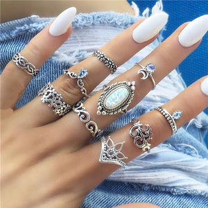 15 Pcs/set Women Fashion Rings Hearts Fatima Hands Virgin Mary Cross Leaf Hollow Geometric Crystal Ring Set Wedding Jewelry