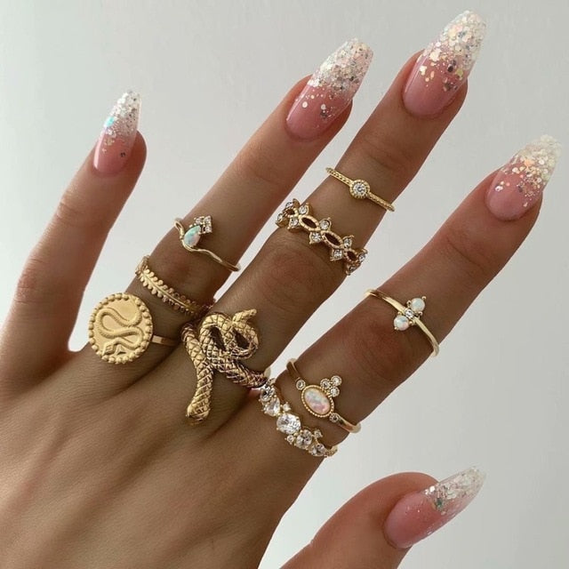 15 Pcs/set Women Fashion Rings Hearts Fatima Hands Virgin Mary Cross Leaf Hollow Geometric Crystal Ring Set Wedding Jewelry