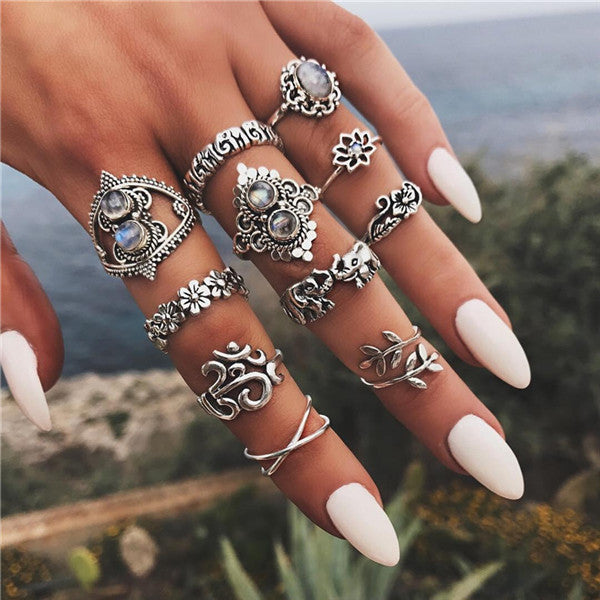 15 Pcs/set Women Fashion Rings Hearts Fatima Hands Virgin Mary Cross Leaf Hollow Geometric Crystal Ring Set Wedding Jewelry