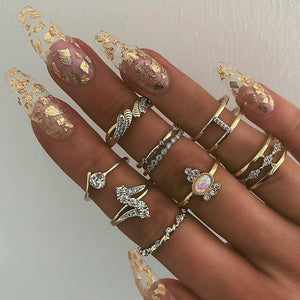 15 Pcs/set Women Fashion Rings Hearts Fatima Hands Virgin Mary Cross Leaf Hollow Geometric Crystal Ring Set Wedding Jewelry