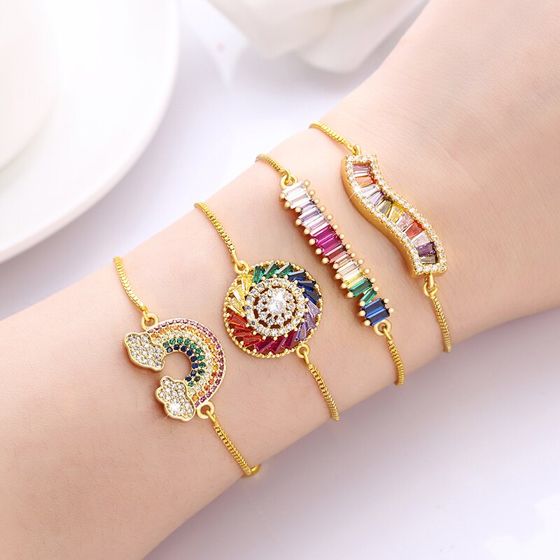 Women's cz rainbow gold bracelets bangles devil's eye bracelet zircons colorful rainbow bracelet femme jewelry accessories gift