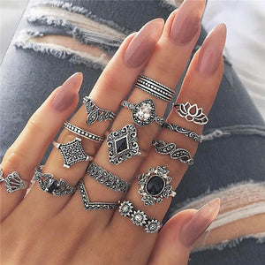 15 Pcs/set Women Fashion Rings Hearts Fatima Hands Virgin Mary Cross Leaf Hollow Geometric Crystal Ring Set Wedding Jewelry