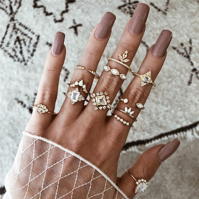 15 Pcs/set Women Fashion Rings Hearts Fatima Hands Virgin Mary Cross Leaf Hollow Geometric Crystal Ring Set Wedding Jewelry