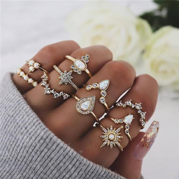 15 Pcs/set Women Fashion Rings Hearts Fatima Hands Virgin Mary Cross Leaf Hollow Geometric Crystal Ring Set Wedding Jewelry