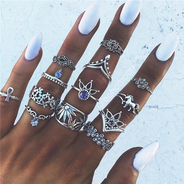 15 Pcs/set Women Fashion Rings Hearts Fatima Hands Virgin Mary Cross Leaf Hollow Geometric Crystal Ring Set Wedding Jewelry