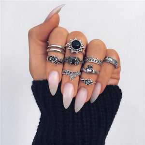 15 Pcs/set Women Fashion Rings Hearts Fatima Hands Virgin Mary Cross Leaf Hollow Geometric Crystal Ring Set Wedding Jewelry