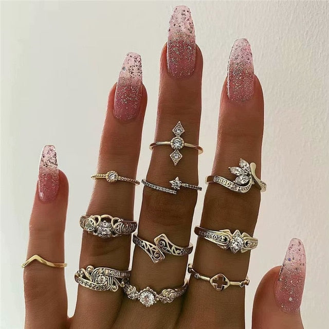 15 Pcs/set Women Fashion Rings Hearts Fatima Hands Virgin Mary Cross Leaf Hollow Geometric Crystal Ring Set Wedding Jewelry