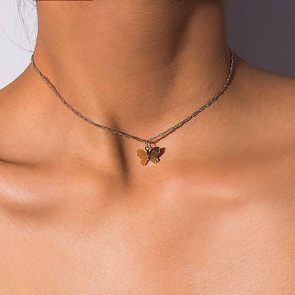 Vintage Metallic Gold Chain Butterfly Pendant Necklace Butterfly Pendant Women Ladies Necklace Jewelry for Valentine's Day Gifts