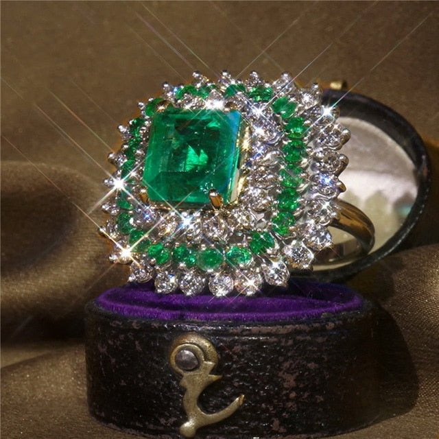 Large Green Stone Ring For Women Wedding Gift Luxury Jewelry Silver Color Cubic Zirconia Ring Bague Femme Anillos Mujer Z5X873