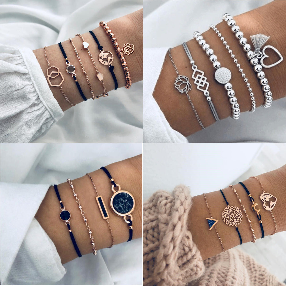 Boho Rose Map Bracelets & Bangles for Women Bohemian Round Beaded Charm Bracelet Set Fashion Multilayer Accessories 2019 Bijoux