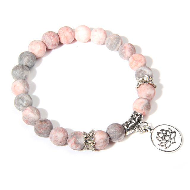 Handmade Natural Stone Lotus Ohm Buddha Beads Bracelet Pink Zebra Stone Lotus Charm Bracelet for Women Men Yoga  Jewelry Femme