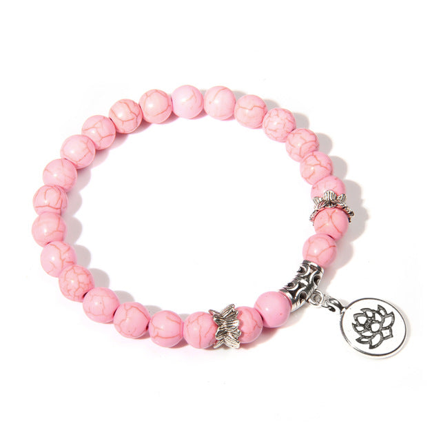 Handmade Natural Stone Lotus Ohm Buddha Beads Bracelet Pink Zebra Stone Lotus Charm Bracelet for Women Men Yoga  Jewelry Femme