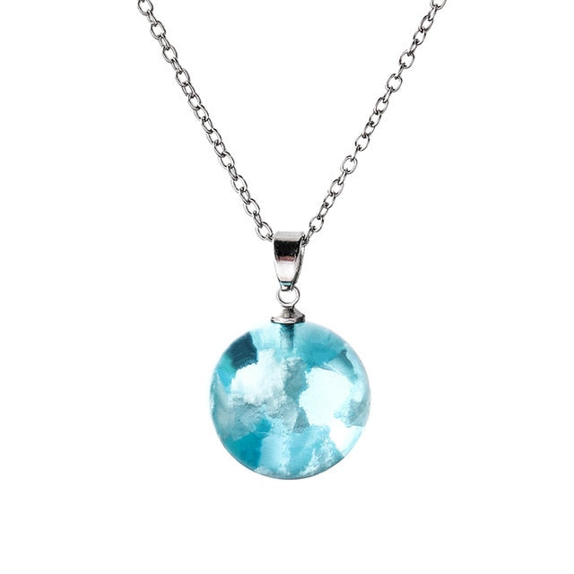 Blue Sky White Cloud Chain Pendant Necklace Transparent Rould Ball Shape Resin Necklace For Women Fashion Jewelry