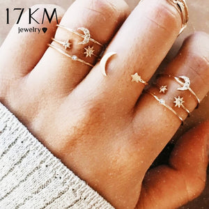 17KM Bohemian Gold Vintage Rings Star Moon Beads Crystal Ring Set Women Charm Joint Ring Party Wedding Fashion Jewelry Gifts