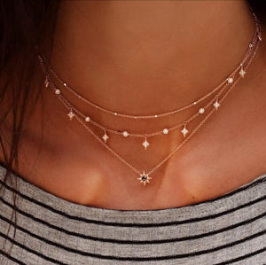 Laramoi Women's Necklace Multilayered Golden Clavicle Chain Stars Geometric Rhinestone Pendant Party Jewelry