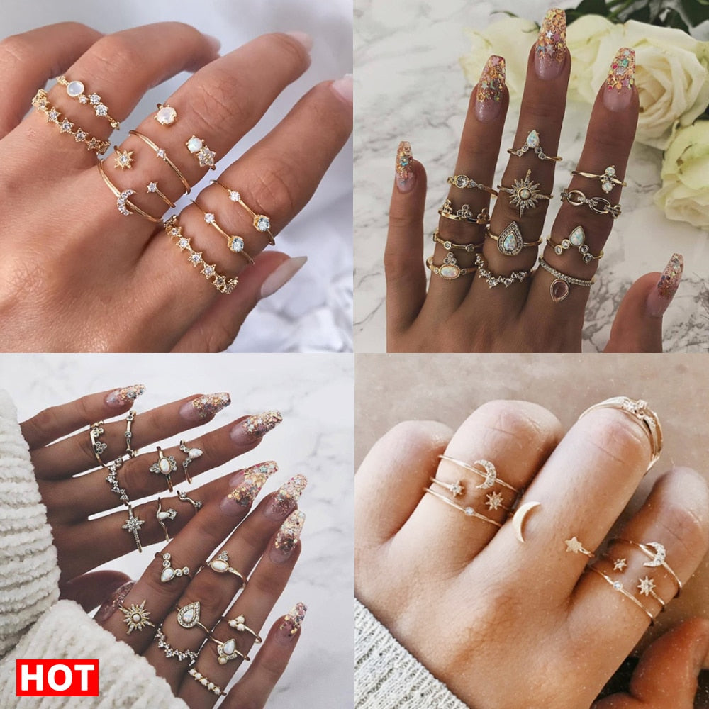 17KM 30 Design Vintage Gold Star Moon Rings Set For Women BOHO Opal Crystal Midi Finger Ring 2019 Female Bohemian Jewelry Gifts