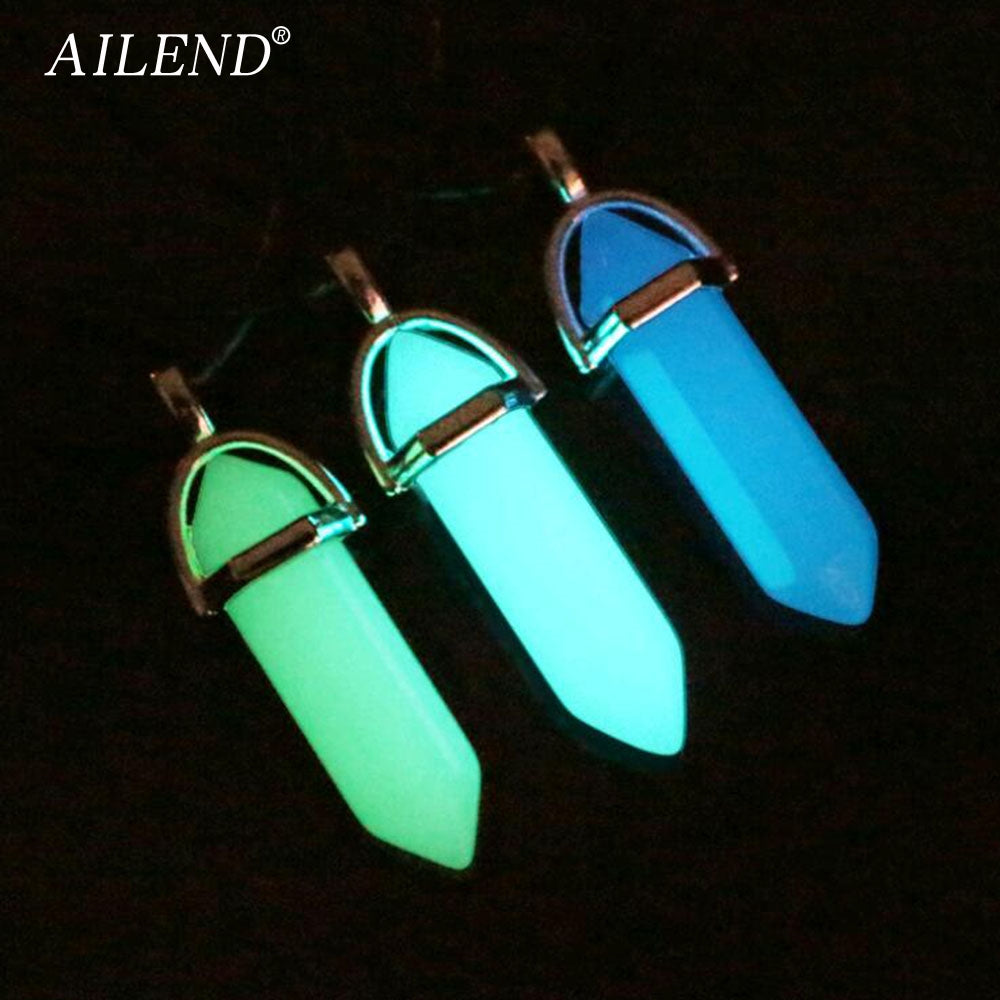 VKME 2018 New Luminous Stone Fluorescent Hexagonal Column Necklace Natural Crystal Gem Stone Pendant Leather Chains Necklace