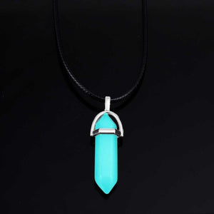 VKME 2018 New Luminous Stone Fluorescent Hexagonal Column Necklace Natural Crystal Gem Stone Pendant Leather Chains Necklace