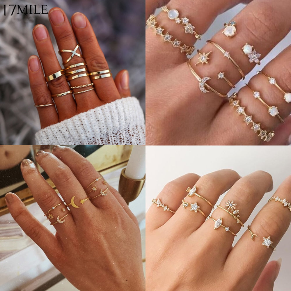 17MILE Vintage Gold Metal Crystal Rings Set For Women Star Moon Trendy Knuckle Finger Ring Female Party 2019 Fashion Jewelry