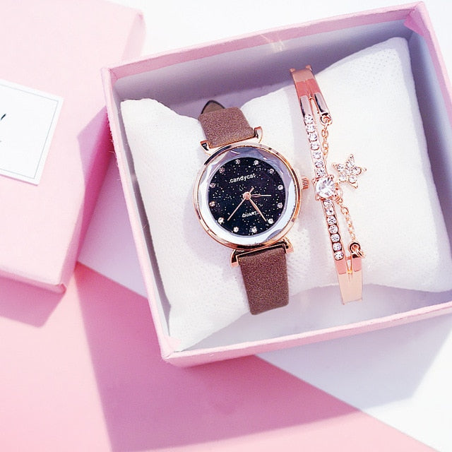 Casual Women Watches Bracelet Set Starry Sky Ladies Bracelet Watch Leather Quartz Wrist Watch Clock reloj mujer relogio feminino